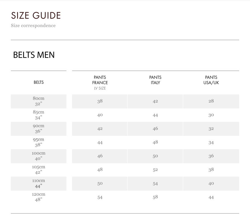 Louis Vuitton Belt Size Conversion Chart