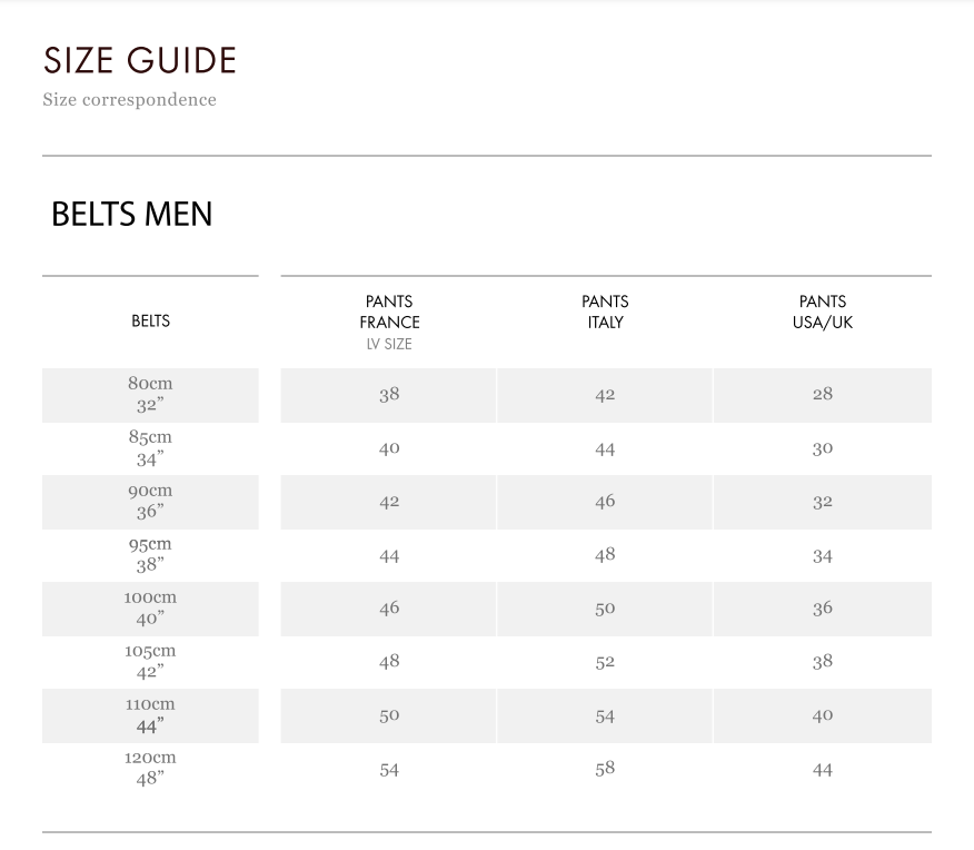 Mens Louis Vuitton Belt Size Chart